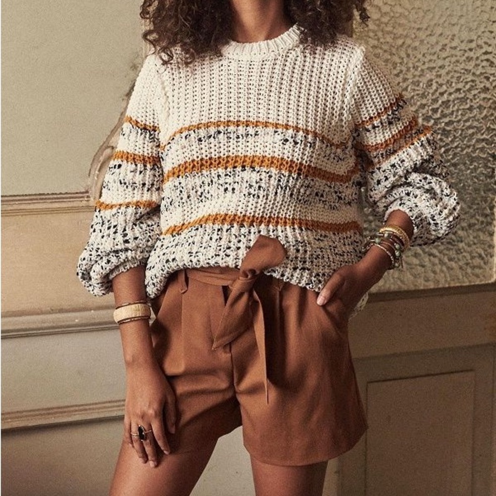 Sezane Cream Knit Sweater with Mustard and Black Speckle Stripes
